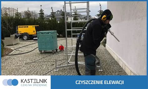 Ilustracja przedstawiająca proces czyszczenia elewacji z użyciem profesjonalnych środków i sprzętu