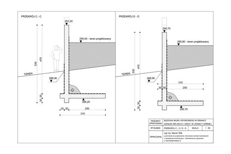 Schematyczny rysunek przekroju murku oporowego stabilizującego skarpę