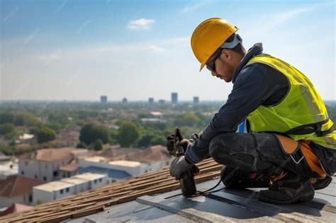 Pracownik budowlany montujący wełnę mineralną na dachu