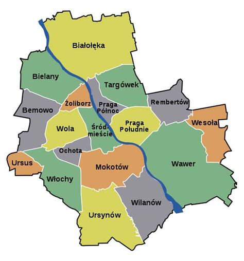 Mapa Warszawy z zaznaczonym Lasem Sobieskim i okolicznymi terenami