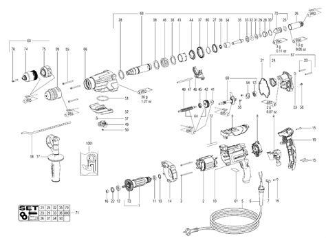 Diagram przedstawiający ergonomiczne cechy młotowiertarki, takie jak uchwyt antywibracyjny