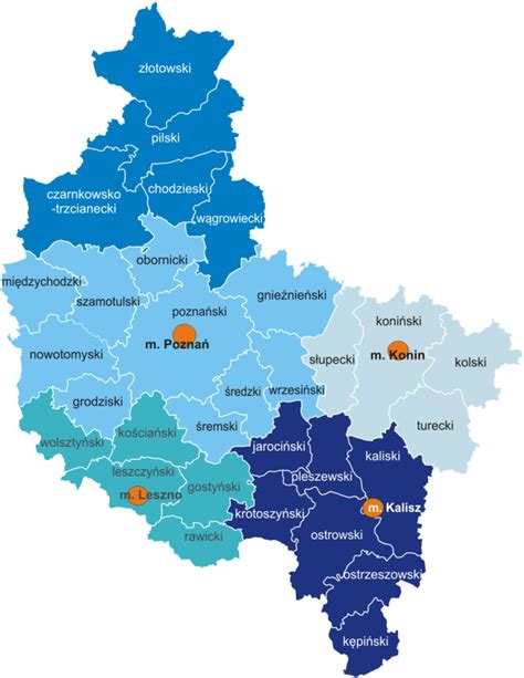 Mapa województwa wielkopolskiego z zaznaczonym regionem konińskim i okolicznymi miejscowościami