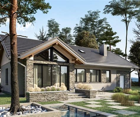 Dom w stylu bungalow z werandą w otoczeniu zieleni