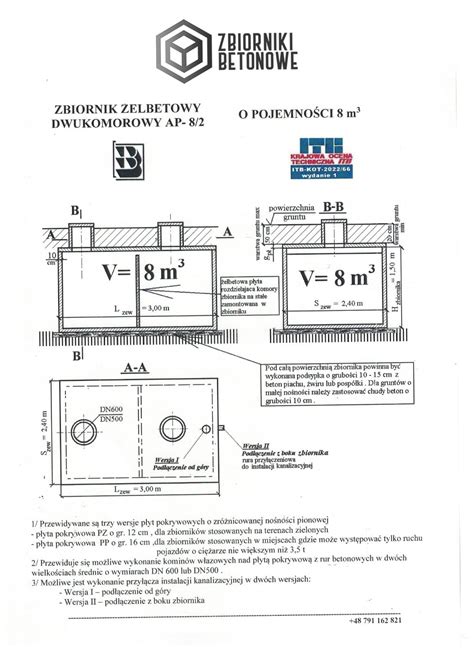 Schemat przekroju żelbetowego zbiornika retencyjnego