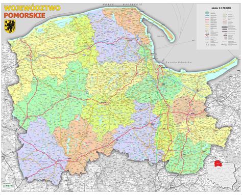 Mapa administracyjna województwa pomorskiego z zaznaczonymi głównymi miastami