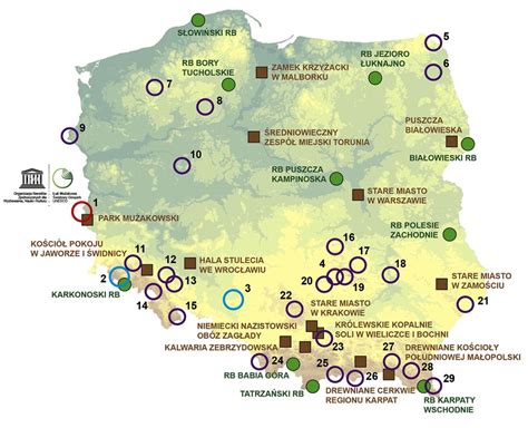 Mapa przedstawiająca obszary wpisane do rejestru zabytków w Polsce