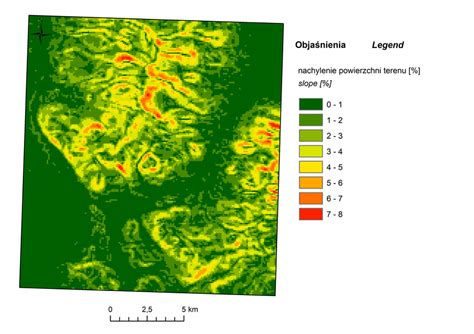 Mapa z wizualizacją nachylenia terenu, gdzie różne kolory oznaczają różne stopnie nachylenia