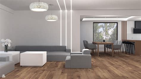 Minimalistyczny salon z białymi płytkami gresowymi i drewnianymi akcentami