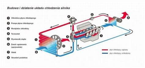 Schemat nagrzewnicy samochodowej z zaznaczonym przepływem płynu