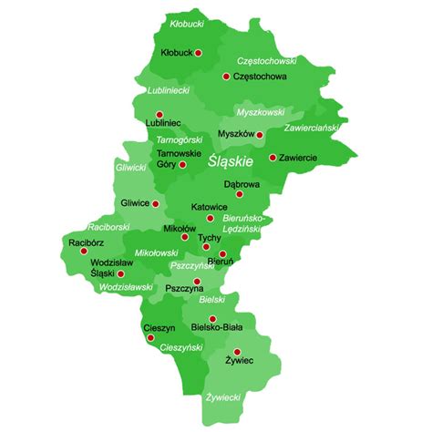 Mapa województwa śląskiego z zaznaczonymi głównymi miastami.