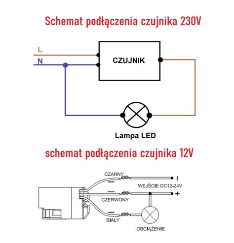 Schemat podłączenia lampy LED z czujnikiem ruchu.