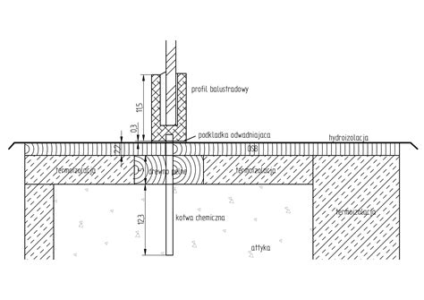 Przykładowy przekrój szklanej balustrady z profilem montażowym