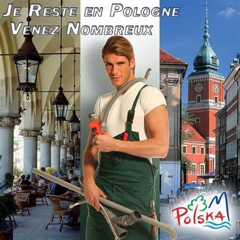 Plakat kampanii Polskiej Organizacji Turystycznej z Piotrem Adamskim jako polskim hydraulikiem