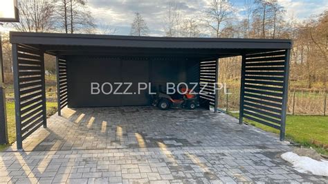 Ilustracja przedstawiająca wiatę garażową przylegającą do domu