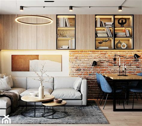 Salon z ceglaną ścianą akcentową
