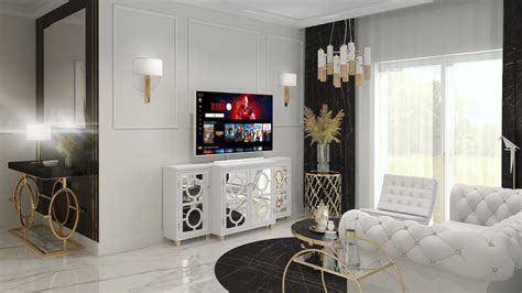 Fragment ściany z białymi płytkami i złotą fugą w stylu glamour