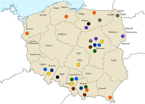 Mapa przedstawiająca rozmieszczenie serwerów gier w Polsce, z zaznaczonym historycznym znaczeniem PPS Murarz.