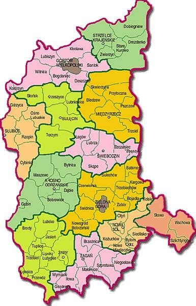 Mapa województwa lubuskiego z zaznaczonymi lokalizacjami kopalni