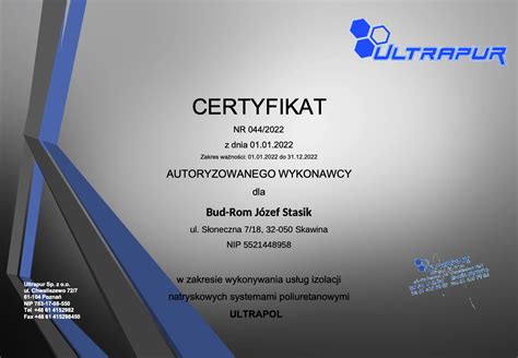 Certyfikat wykonawcy ocieplenia pianką poliuretanową