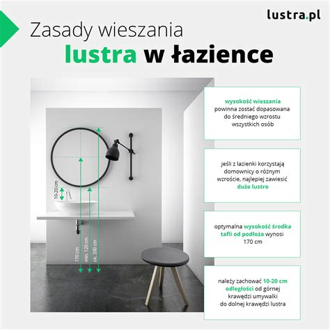 Schemat przedstawiający optymalną wysokość montażu lustra nad umywalką