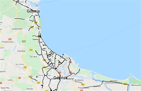 Mapa Trójmiasta z zaznaczonymi obszarami prac refulacyjnych