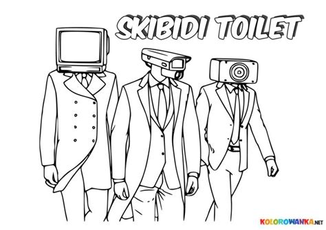 Ilustracja przedstawiająca różne postacie z serialu Skibidi Toilet w stylu kolorowanki