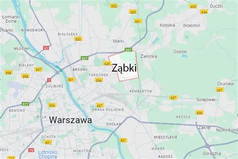 Mapa Ząbek z zaznaczonymi terenami zielonymi i komunikacją